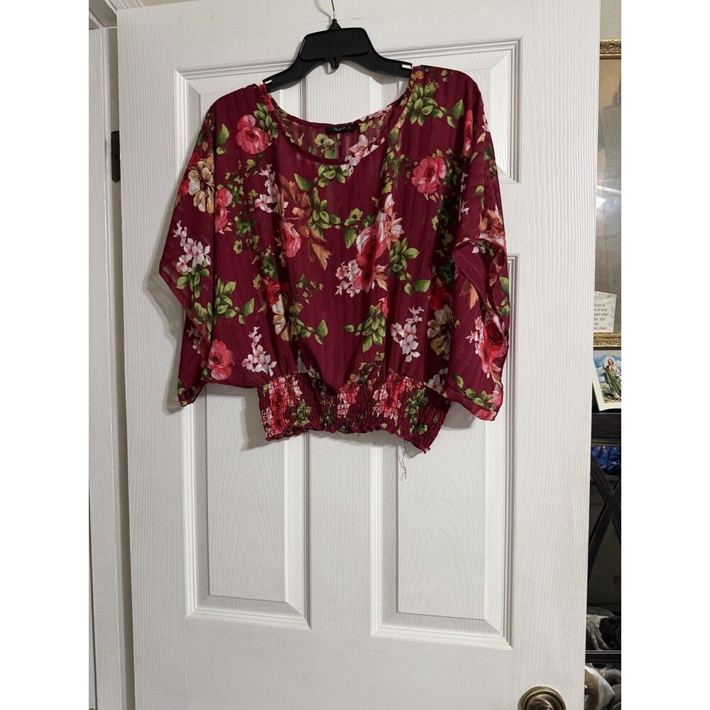 Love J USA Women’s Blouse Size L Burgundy Floral Chiffon Smocked Waist Sheer